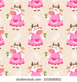 Seamless pattern with cute cartoon cow vector illustration
