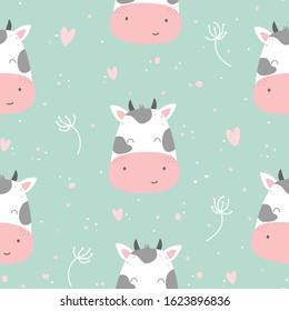 Seamless pattern with cute cartoon cow, hearts and foliage on a mint background.