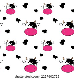 Seamless pattern of cute cartoon cow and black spots