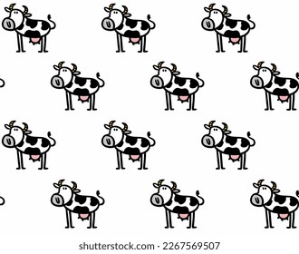 Seamless pattern with cute cartoon cow from the farm. Vector wallpaper illustration of domestic animal and horns.
