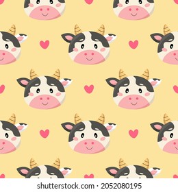 Seamless pattern with cute cartoon cows and hearts isolated on yellow background