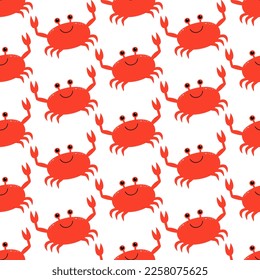 Seamless pattern with cute cartoon crab. Endless background with sea character. Red crabs on white background. Vector.