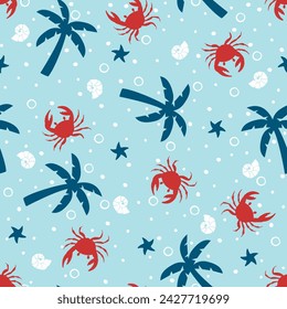 Seamless pattern with cute cartoon crab, palms, seashell and bubbles. 