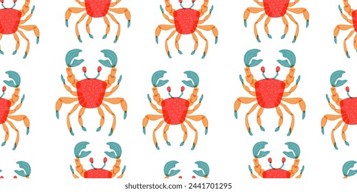 Seamless pattern with cute cartoon crab. Vector crawfish background.