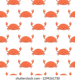 Seamless pattern with cute cartoon crabs on white background. Kawaii animal