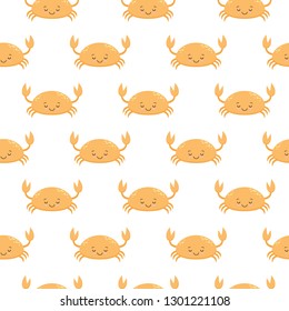Seamless pattern with cute cartoon crabs on white background. Kawaii animal