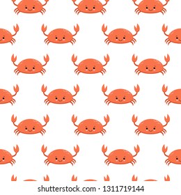 Seamless pattern with cute cartoon crabs on white background. Kawaii animal
