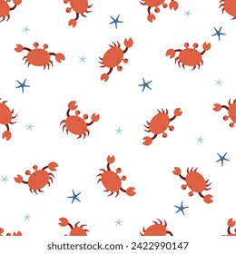Seamless pattern with cute cartoon crabs and starfishes