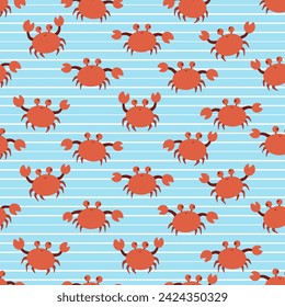 Seamless pattern with cute cartoon crabs on strip blue background