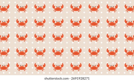 Padrão perfeito com bonitos caranguejos de desenho animado em um fundo de bolinhas bege claro. Ótimo para têxteis, papel de parede e desenhos de verão