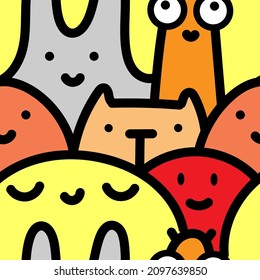 Seamless pattern with cute cartoon creatures on colorful background. Funny cartoon animals print. Doodle monster poster.