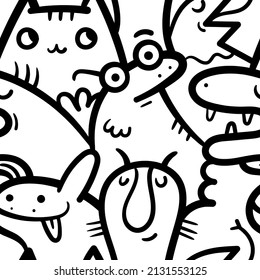 Seamless pattern with cute cartoon creatures on white background. Funny cartoon animals print. Doodle monster poster.