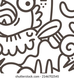 Seamless pattern with cute cartoon creatures on white background. Funny cartoon animals print. Doodle monster poster.