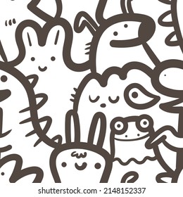 Seamless pattern with cute cartoon creatures on white background. Funny cartoon animals print. Doodle monster poster.