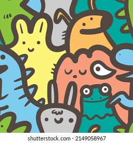Seamless pattern with cute cartoon creatures on colorful background. Funny cartoon animals print. Doodle monster poster.