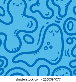 Seamless pattern with cute cartoon creatures on blue background. Funny cartoon print. Doodle abstract poster.