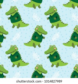 Seamless pattern with cute cartoon crocodile vector illustration