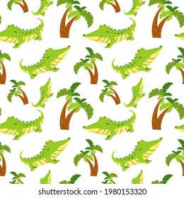 Seamless pattern with cute cartoon crocodile and palm tree. Endless texture with alligator and wood for kids design. Vector illustration.