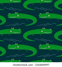 Seamless pattern with cute cartoon crocodile on a dark background