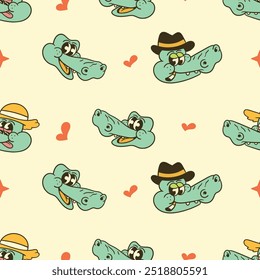 seamless pattern of cute cartoon crocodile heads in retro style