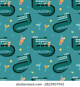 Seamless pattern with cute cartoon crocodile and tropical cocktail. Summer vacation theme background with alligator, drink, umbrella, and fruit slice. Fun texture for textile design.