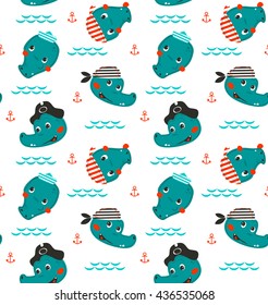 Seamless pattern, cute cartoon crocodile face wearing pirate hat illustration vector.