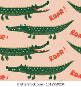 Seamless pattern with cute cartoon crocodiles, funny kids print. Vector hand drawn illustration for kids fabric, wrapping, textile.