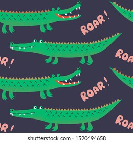 Seamless pattern with cute cartoon crocodiles, funny kids print. Vector hand drawn illustration for kids fabric, wrapping, textile.
