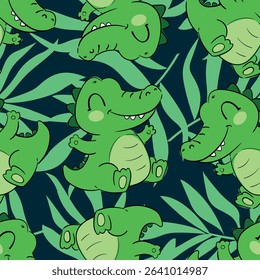 Seamless pattern with cute cartoon crocodiles, vector illustration for kids, Hand drawn