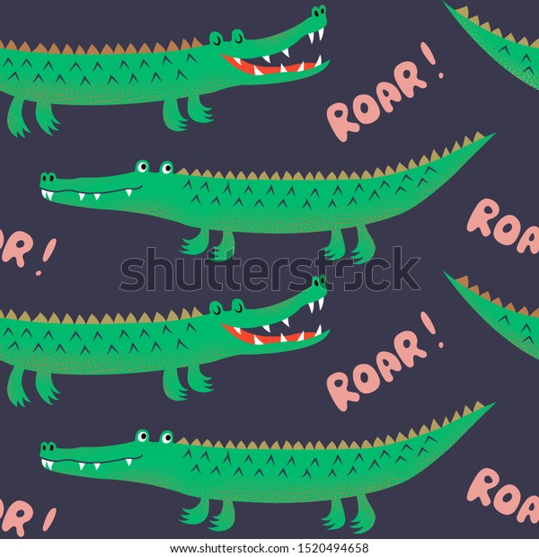 Seamless pattern with cute cartoon crocodiles,\
funny kids print. Vector hand drawn illustration for kids fabric,\
wrapping, textile.