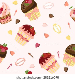 Seamless pattern with cute cartoon cupcakes. Background for your design. Vector illustration.