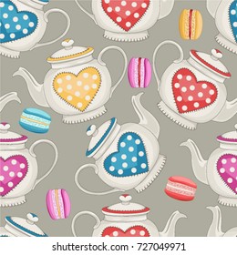 Seamless pattern with cute cartoon cupcakes and teapots