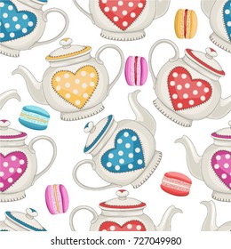 Seamless pattern with cute cartoon cupcakes and teapots