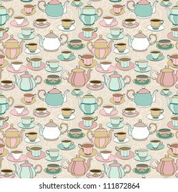 Seamless pattern with cute cartoon cups and teapots #1