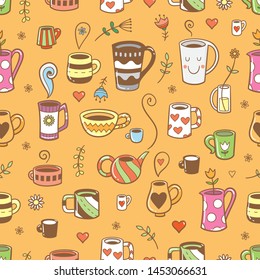 Seamless pattern with cute cartoon cups and plants on orange background. A variety of dishes. Vector contour image. 