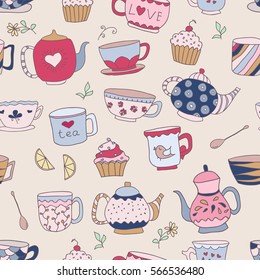 Seamless pattern with cute cartoon cups, cupcakes and teapots