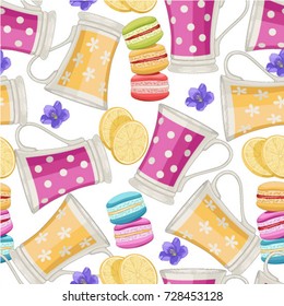 Seamless pattern with cute cartoon cups, cupcakes and flowers. Breakfast background. Menu design. Cup of tea vector