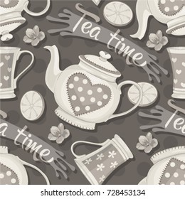 Seamless pattern with cute cartoon cups and teapots. Vintage roses background. Breakfast background. Menu design