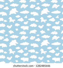 Seamless pattern with cute cartoon curly white clouds and fun clouds like animals and birds on blue. Vector background.