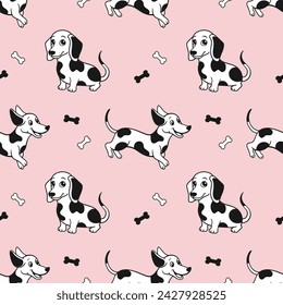 Seamless pattern with cute cartoon Dalmatian dogs on a light background. Vector illustration.