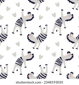 Seamless pattern, cute cartoon dancing zebras on the background of doodle planets and hearts. Children's print, textile, vector