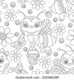 Seamless pattern with cute cartoon dark contour bees, flowers and honeycombs, an insect on a white background