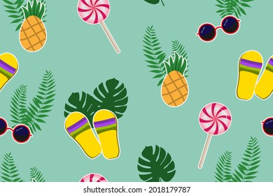 Seamless pattern. Cute cartoon design. Tropical fruits and leaves, sunglasses and sleepers on mint background. Vector illustration.