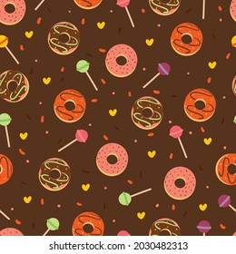Seamless pattern with cute cartoon dessert and sweets for fabric print, textile, gift wrapping paper. colorful vector for textile, flat style