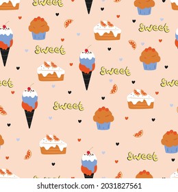 Nahtloses Muster mit süßem Cartoon-Dessert und Süßigkeiten für Stoffdruck, Textilien, Geschenkpapier. bunter Vektorgrafik für Textilien, flach