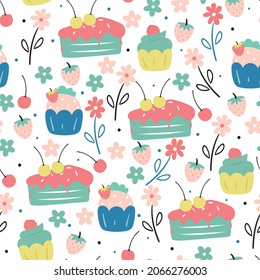 Seamless pattern with cute cartoon dessert and flower for fabric print, textile, gift wrapping paper. colorful vector for textile, flat style