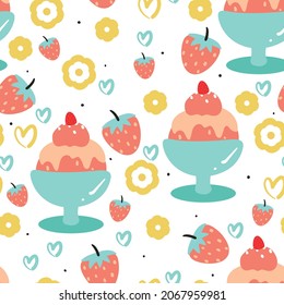 Seamless pattern with cute cartoon dessert and fruit for fabric print, textile, gift wrapping paper. colorful vector for textile, flat style