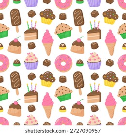 Padrão sem costura com sobremesas de desenhos animados bonitos, incluindo bolos de sorvete de donuts cupcakes e doces de chocolate sobre fundo branco