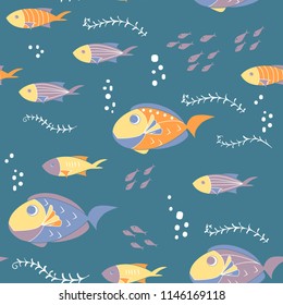 Seamless pattern with cute cartoon of different fish, bubbles and vodroslei. Design for fabrics, textiles, decor.
