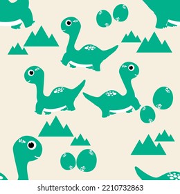 Seamless pattern cute cartoon dinosaur background. Flat vector illustration.